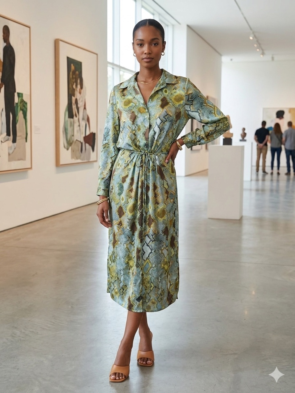 HUMANOID Snake-Print Tie-Waist Midi Dress in Green Silk Dress Feminine Elegant
